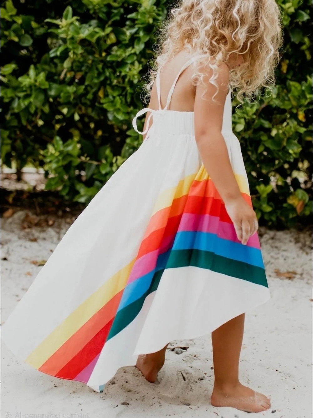 Girls White Hi-Lo Sundress with Bright Rainbow Stripes